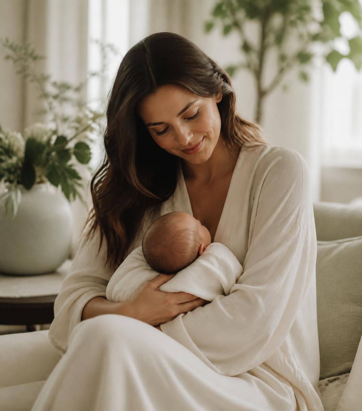 A mother holding her newborn in a calm home